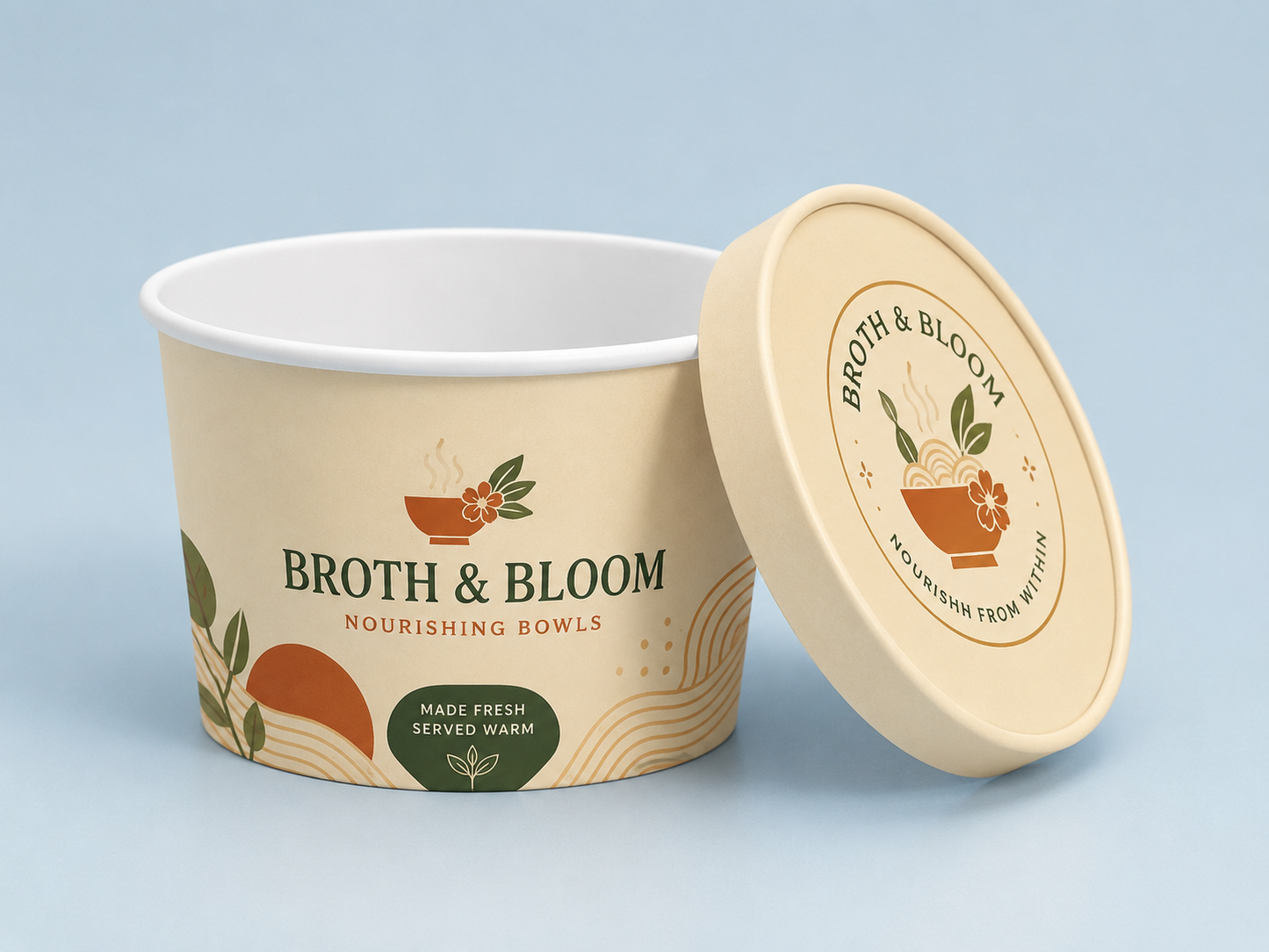 Custom kraft paper soup bowl with matching paper lid for hot food takeout
