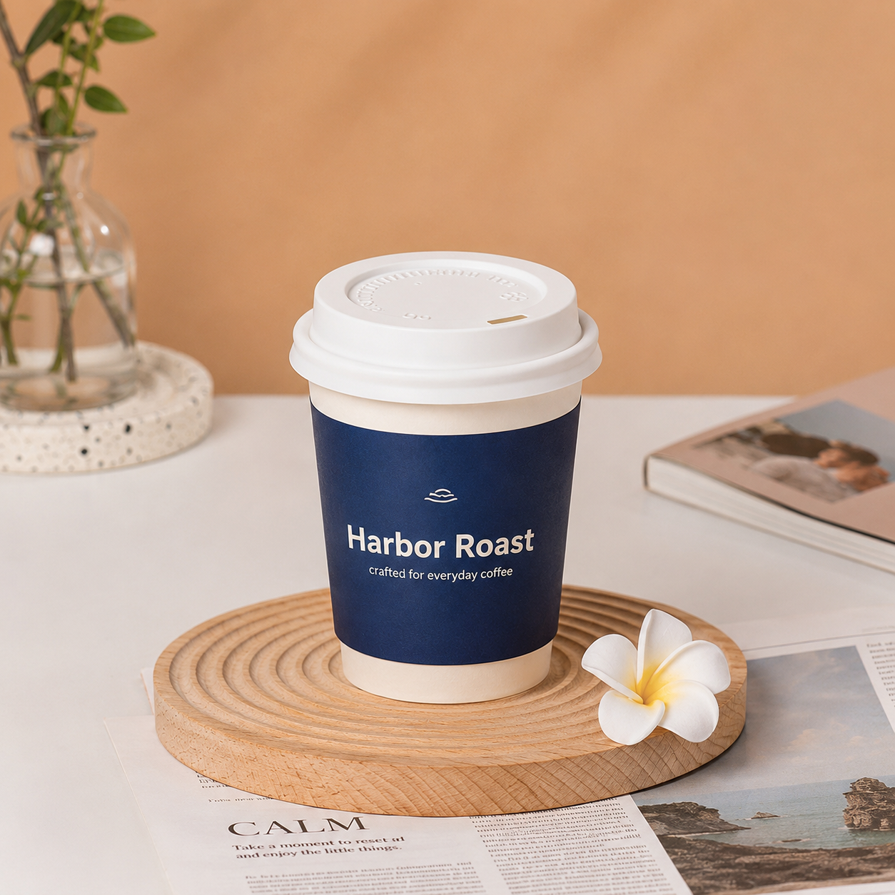 Custom white double wall paper hot cup with branded print on wooden tray with flowers — cafe lifestyle display
