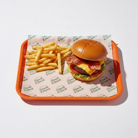 Greaseproof paper used for burgers and fried food, preventing oil leakage and stains