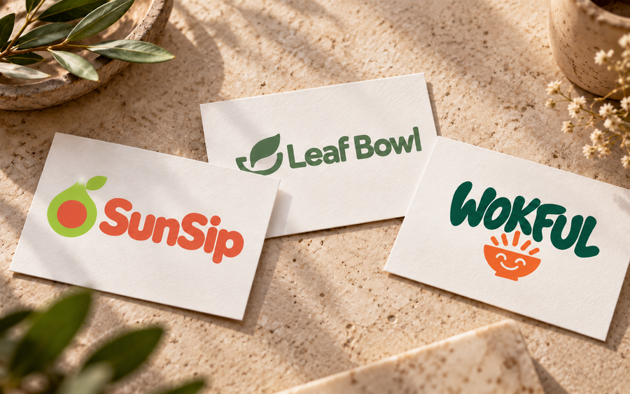 SunSip, Leaf Bowl, and Wokful logo concepts displayed on white cards on a sunlit stone surface