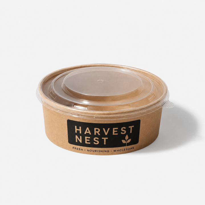Custom kraft paper bowl with clear lid for takeaway food packaging