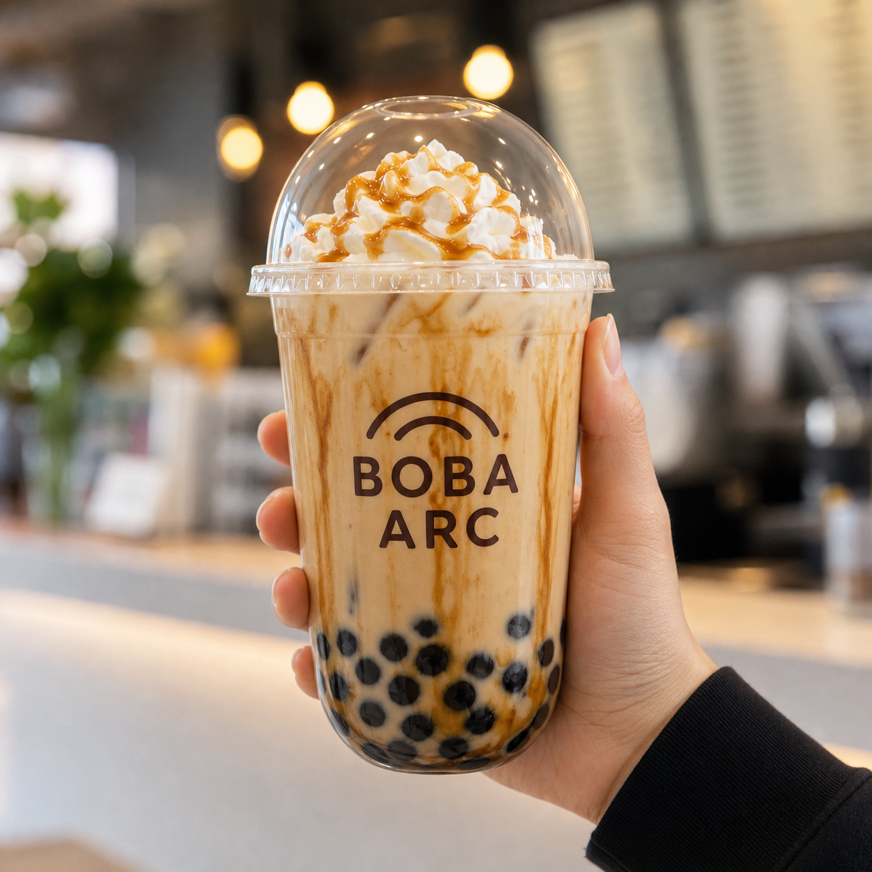 24 oz custom U-shaped PET boba cup with dome lid for iced milk tea and logo printing
