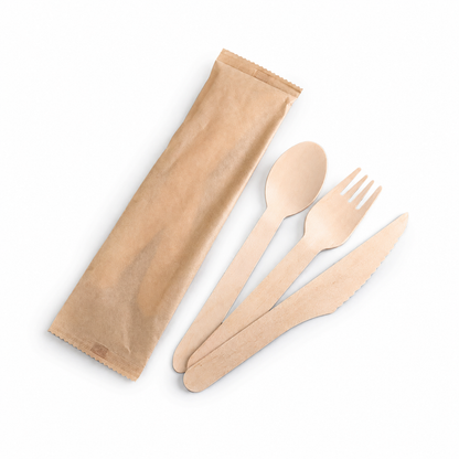 Natural wooden cutlery kit with knife fork spoon and napkin for custom food service packaging