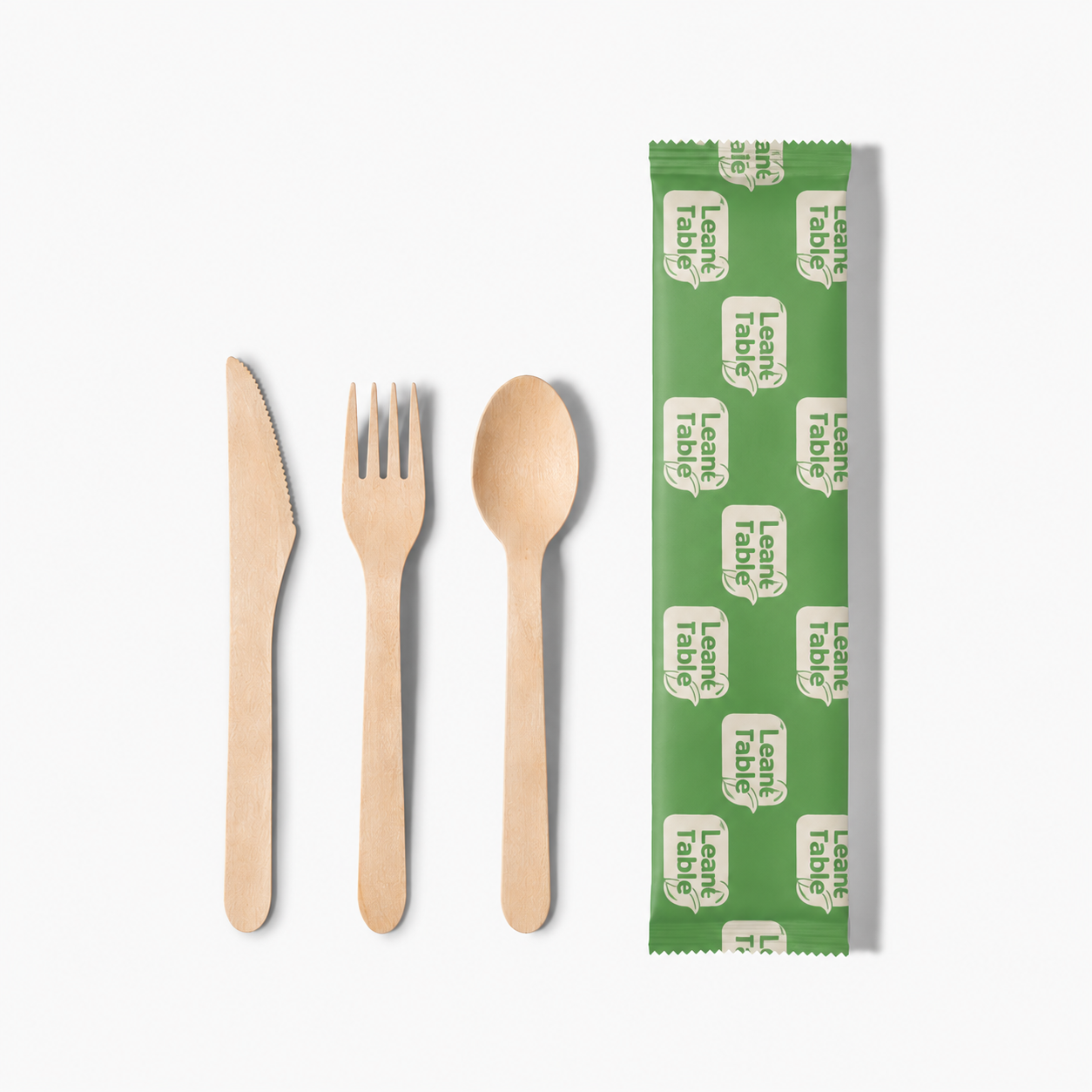 Custom disposable wooden cutlery sets with branded logo packaging for restaurants and takeout orders