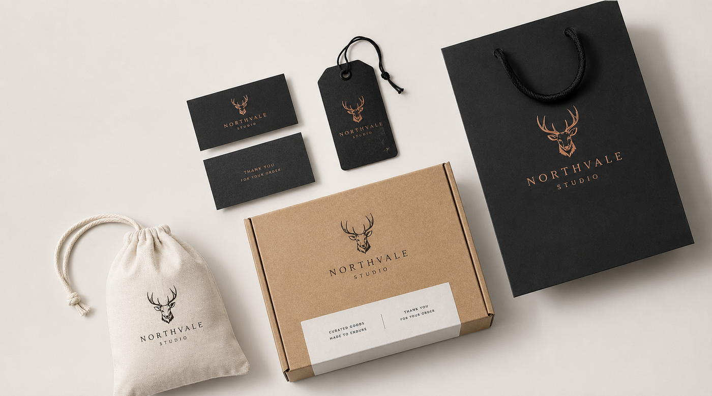 Custom apparel packaging for clothing brands including mailers, hang tags, and tissue paper