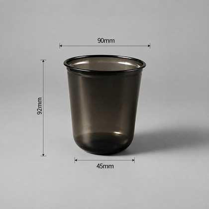 Black 370 ml PET U-shaped cold cup with a 90 mm rim, 92 mm height, and 45 mm bottom diameter.