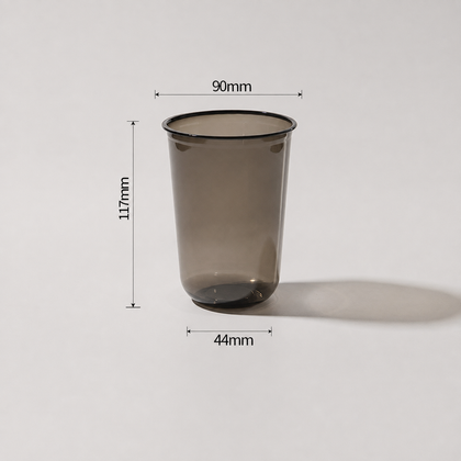 Black 480 ml PET U-shaped cold cup with a 90 mm rim, 117 mm height, and 44 mm bottom diameter.