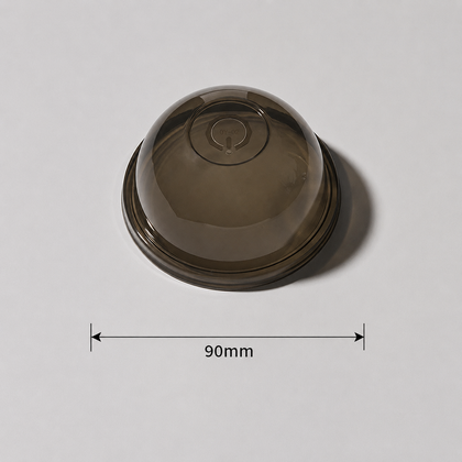 Smoke-tinted 90 mm PET dome lid for black U-shaped cold cups.