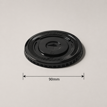 Black 90 mm flat PET straw-slot lid for black U-shaped cold cups.