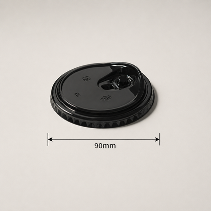 Black 90 mm PET sip lid for black U-shaped cold cups.