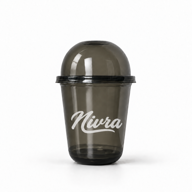 Custom black PET U-shaped cold cups with 90mm rim, available in 12oz, 12.5oz, and 16oz — branded boba and iced coffee cups with flat straw-slot lids for cafes and bubble tea shops.