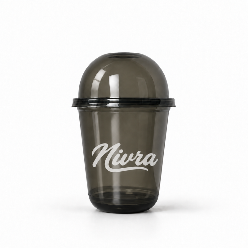 Custom black PET U-shaped cold cups with 90mm rim, available in 12oz, 12.5oz, and 16oz — branded boba and iced coffee cups with flat straw-slot lids for cafes and bubble tea shops.