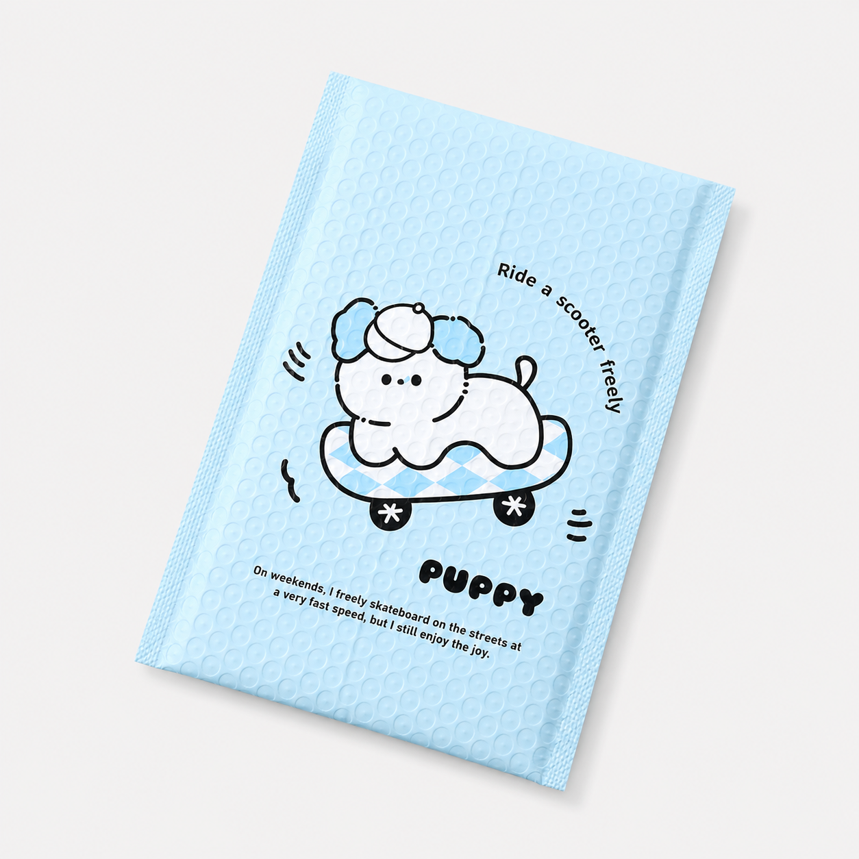 Light blue custom printed bubble mailer with cute logo artwork for small business shipping packaging.