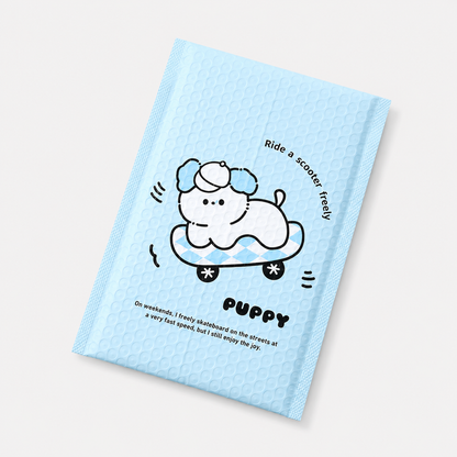 Light blue custom printed bubble mailer with cute logo artwork for small business shipping packaging.