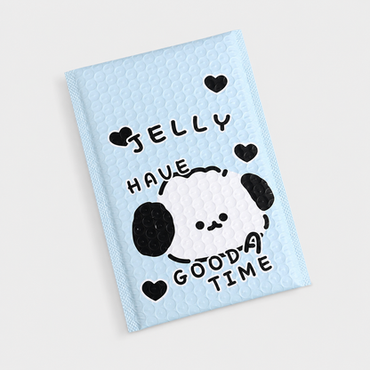 Blue custom padded bubble mailer with cute black logo print for branded mailing envelopes.
