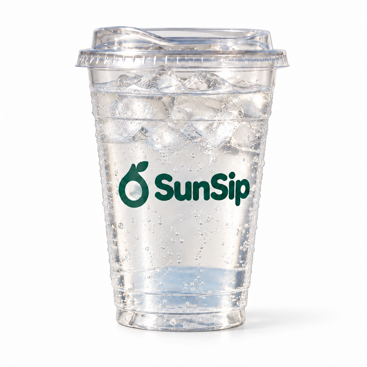 Dark logo print on a clear cup against a light-colored drink