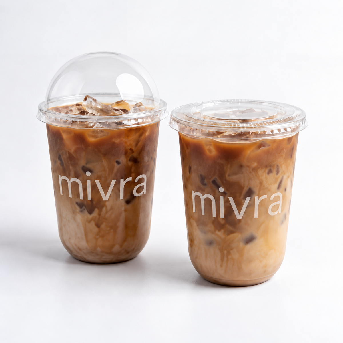 Clear U-shaped PET cold cups in four sizes — 12oz, 12.5oz, 16oz, and 21oz with 90mm rim, for cafes, boba shops, and food service.