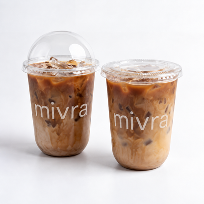 Clear U-shaped PET cold cups in four sizes — 12oz, 12.5oz, 16oz, and 21oz with 90mm rim, for cafes, boba shops, and food service.