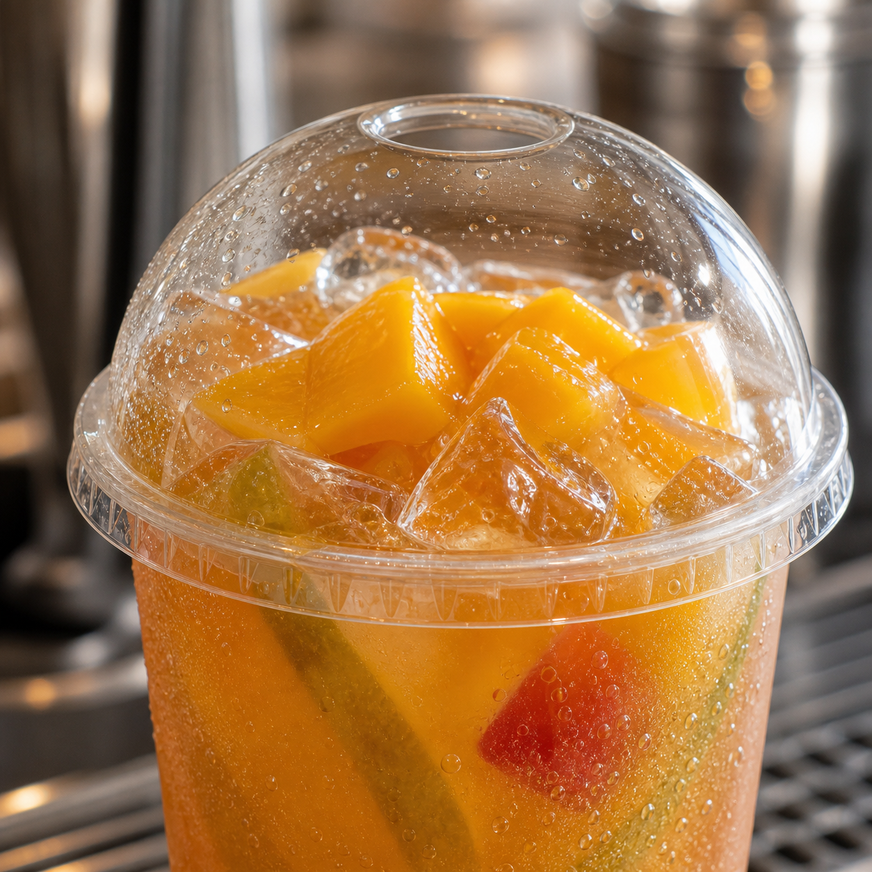 Clear U-shaped PET cup dome lid detail showing condensation, straw opening, and fruit tea packaging