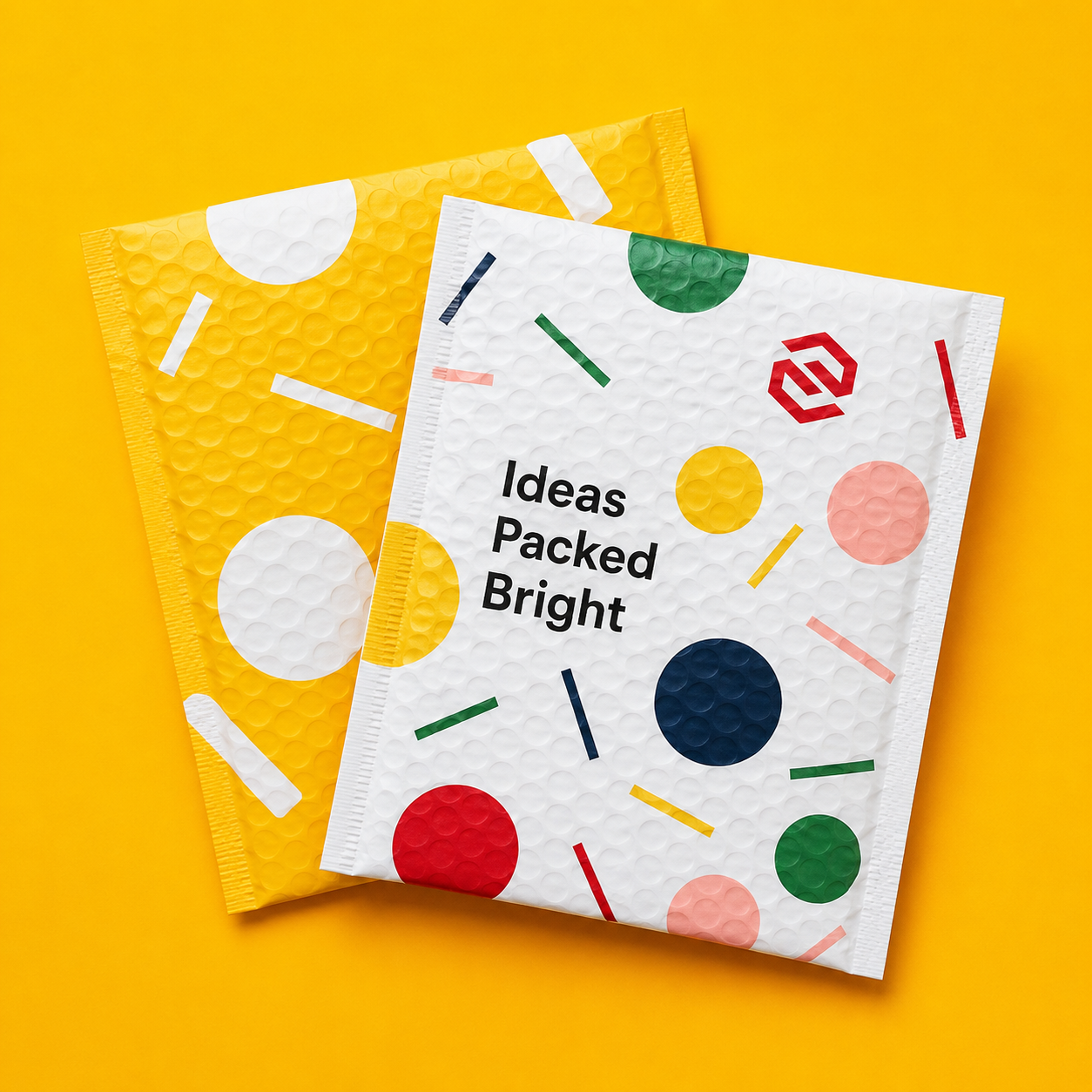 Colorful custom bubble mailer design with bright brand graphics for small business shipping packaging.