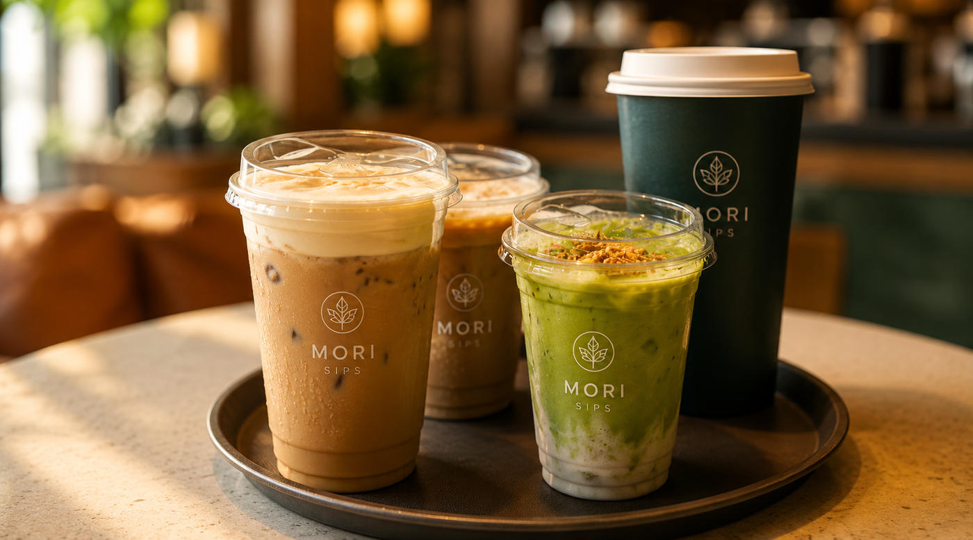 Custom cups and drinkware packaging for cafes, restaurants, and beverage brands