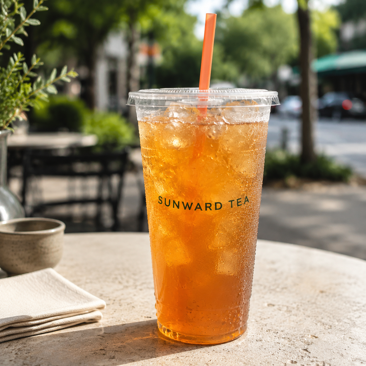 107mm clear PET cold cup with flat lid and straw for iced tea and cold drinks