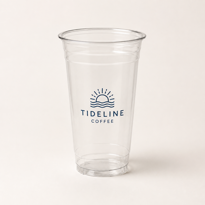 Custom 107mm clear PET cold cup with logo print for 32 oz iced drinks