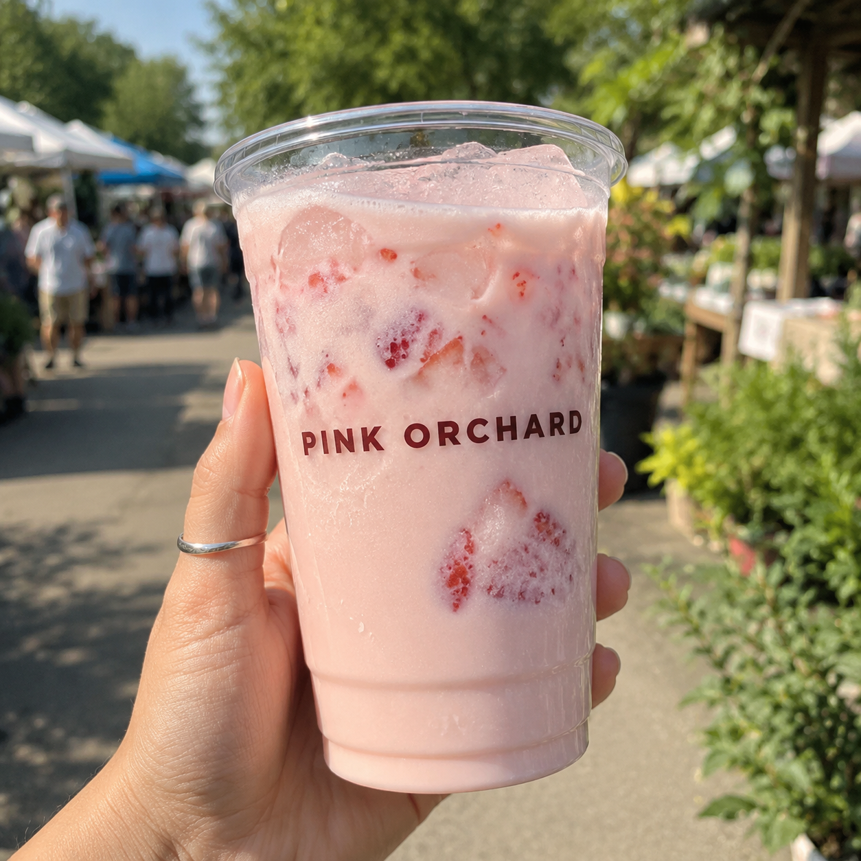 107mm clear PET cold cup with logo for iced strawberry drinks and outdoor beverage service