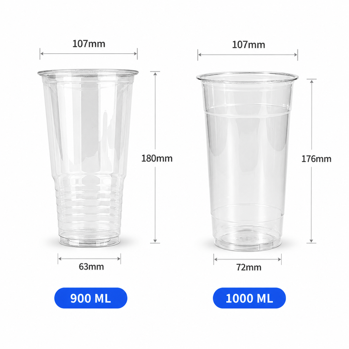 Size guide for 107mm clear PET cold cups showing 900 ml and 1000 ml dimensions