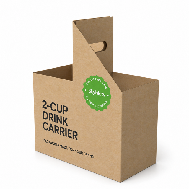 Custom kraft paper 2-cup drink carrier with integrated handle for coffee and takeaway beverages