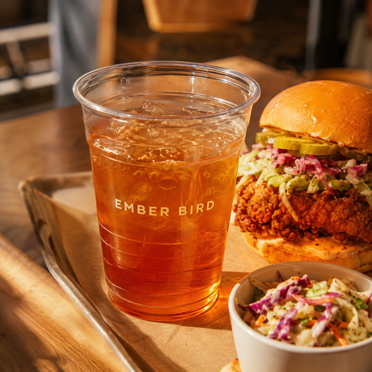 Custom 32 oz clear PET cold cup with logo for iced tea and restaurant takeaway