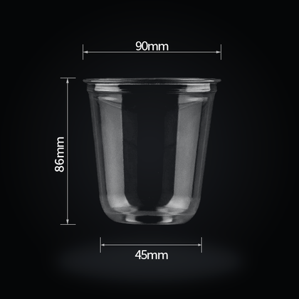 12 oz 340 ml custom 90mm clear U-shaped PET cold cup dimensions: 90 mm rim, 86 mm height, 45 mm base