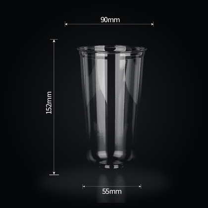 21 oz 620 ml custom 90mm clear U-shaped PET cold cup dimensions: 90 mm rim, 152 mm height, 55 mm base