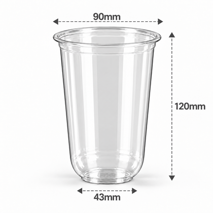 16 oz 500 ml clear U-shaped PET cold cup dimensions: 90 mm rim, 120 mm height, 43 mm base