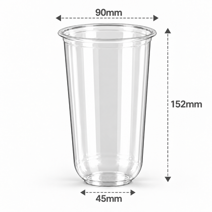 20 oz 600 ml clear U-shaped PET cold cup dimensions: 90 mm rim, 152 mm height, 45 mm base