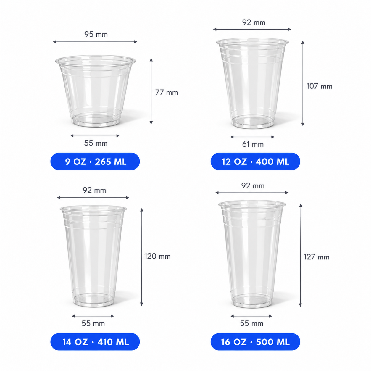 Size chart for custom 92mm clear PET plastic cold cups with logo printing – bulk iced drink cups for cafes and restaurants