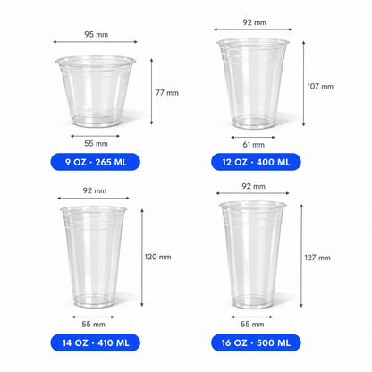 Size chart for custom 92mm clear PET plastic cold cups with logo printing – bulk iced drink cups for cafes and restaurants