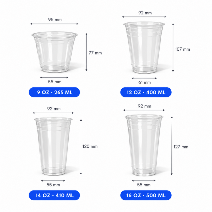 Size chart for custom 92mm clear PET plastic cold cups with logo printing – bulk iced drink cups for cafes and restaurants