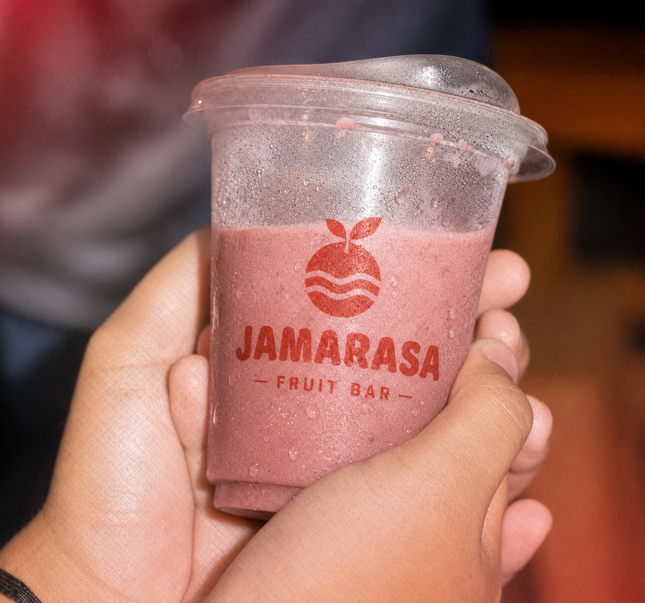 Custom 92mm PET cold cup with smoothie red logo print and dome lid