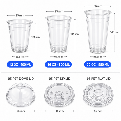 Size chart for custom 95mm clear PET plastic cold cups with logo printing – branded disposable cups for bubble tea and cold beverages
