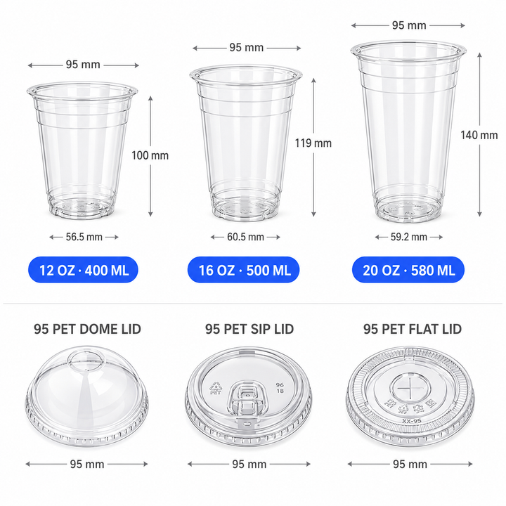 Size chart for custom 95mm clear PET plastic cold cups with logo printing – branded disposable cups for bubble tea and cold beverages
