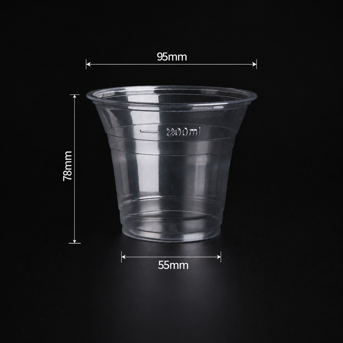9 oz 280 ml custom 95mm clear PET cold cup dimensions: 95 by 78 by 55 mm