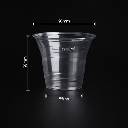 9 oz 280 ml custom 95mm clear PET cold cup dimensions: 95 by 78 by 55 mm
