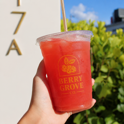Custom 95mm clear PET cold cup with berry drink and single color logo printing