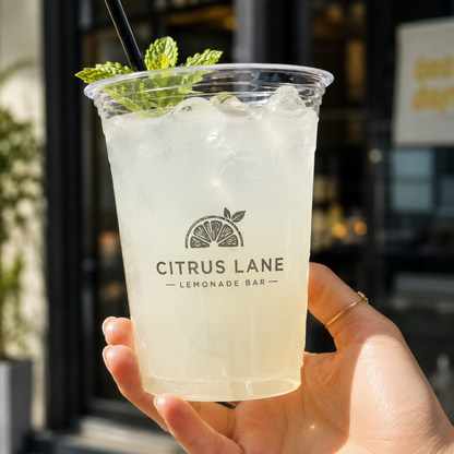 Custom 95mm PET cold cup with lemonade and black logo print for beverage brands
