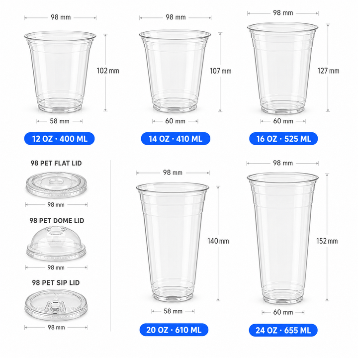 Size chart for custom 98mm clear PET plastic cold cups with logo – personalized iced drink cups for coffee shops and events