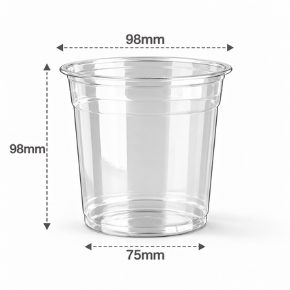 18 oz clear PET cold cup with 98 mm rim, size reference
