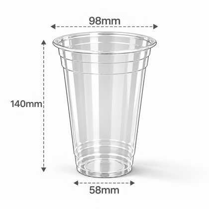 20 oz clear PET cold cup with 98 mm rim, size reference