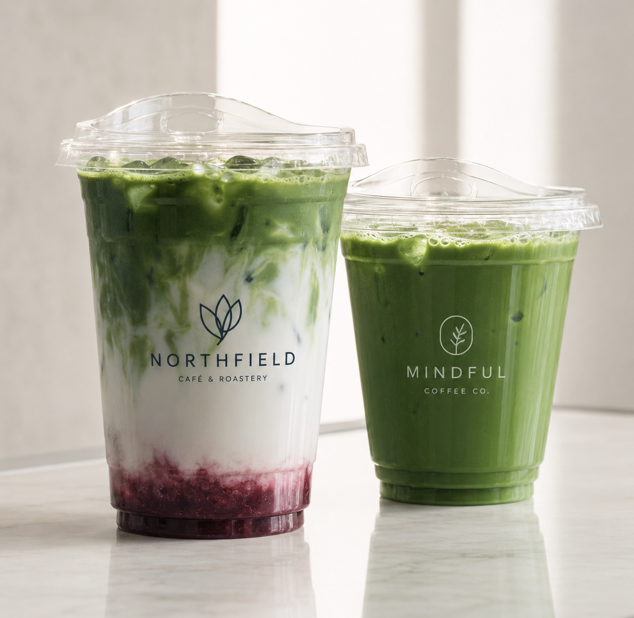 Custom 98mm clear PET cold cups with matcha drinks logo printing and sip lids