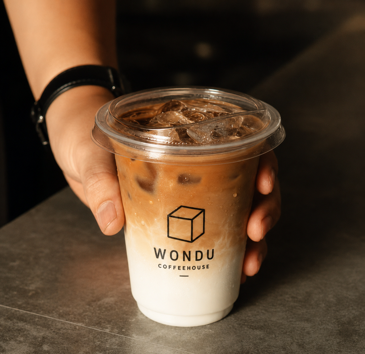 Custom 98mm PET cold cup with iced coffee black logo print and flat lid